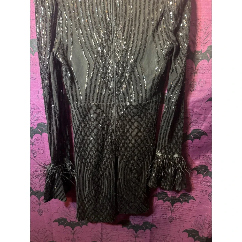 Windsor Black Sequin Feather Cuff Long‎ Sleeve Mini Dress Party EUC Large